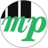 Mezzo Piano Repair logo, professional piano repair in Idaho Falls. Logo depicting white and black keys with green "MP" on top.